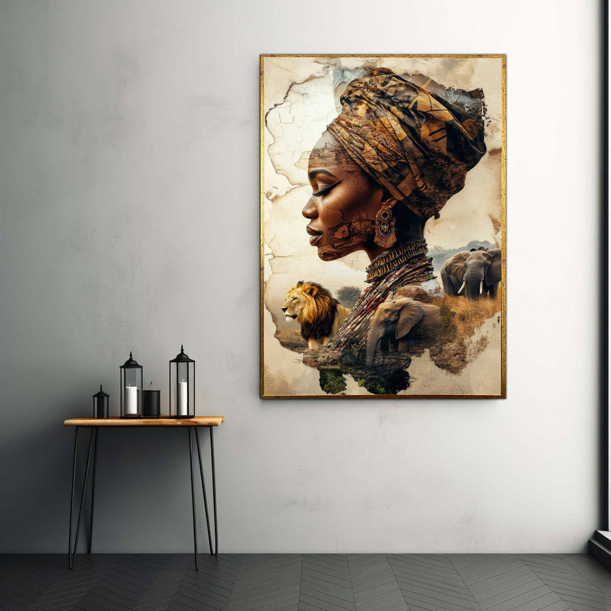 African Woman Surreal Portrait Canvas, Wildlife Landscape Double Exposure Art, Cultural Symbolic Headscarf Print, Spirit of Africa Decor