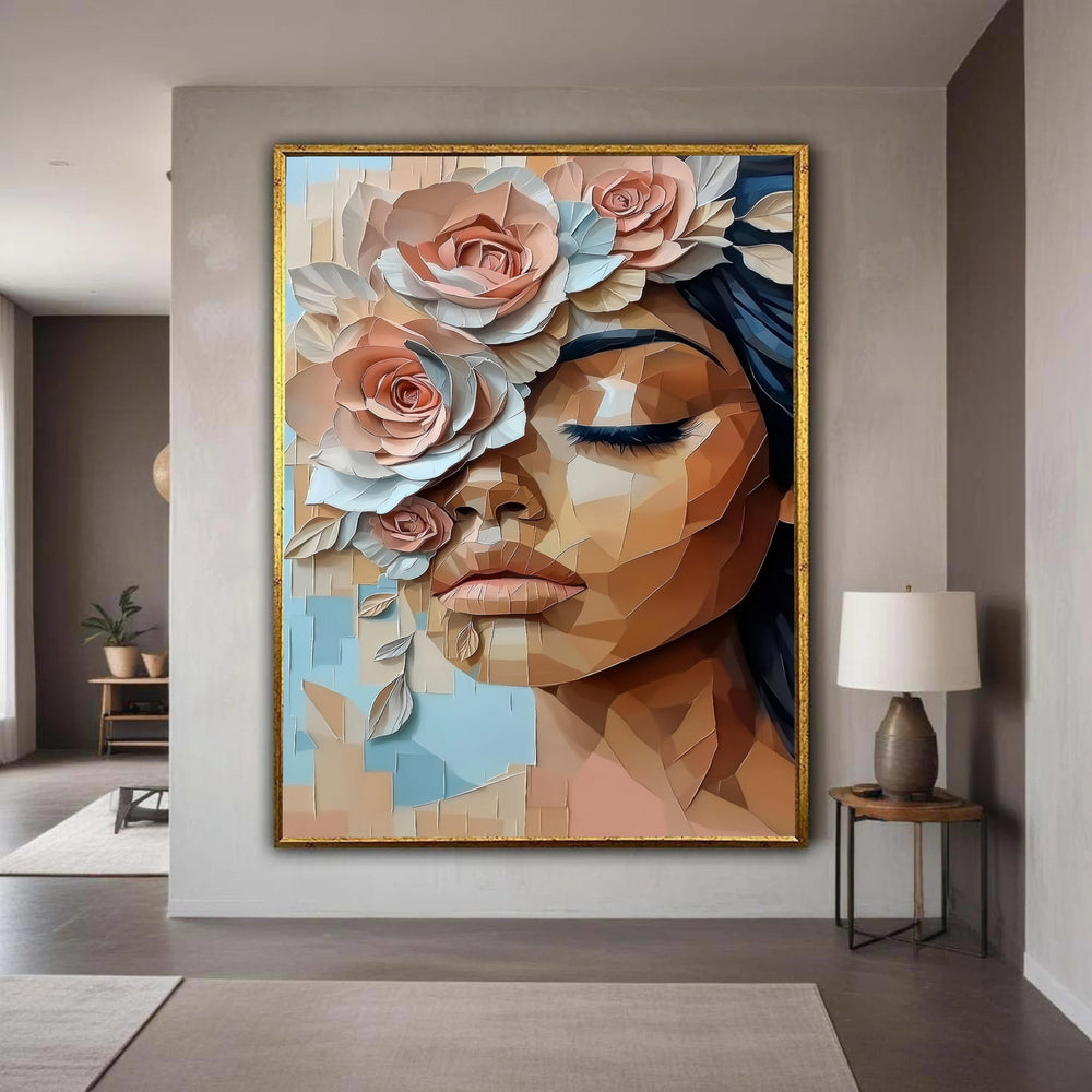 Woman Paper Art Style Portrait Canvas, Low Poly Floral Headdress Print, Faceted Face Modern Artistic Wall Decor, Peach White Roses
