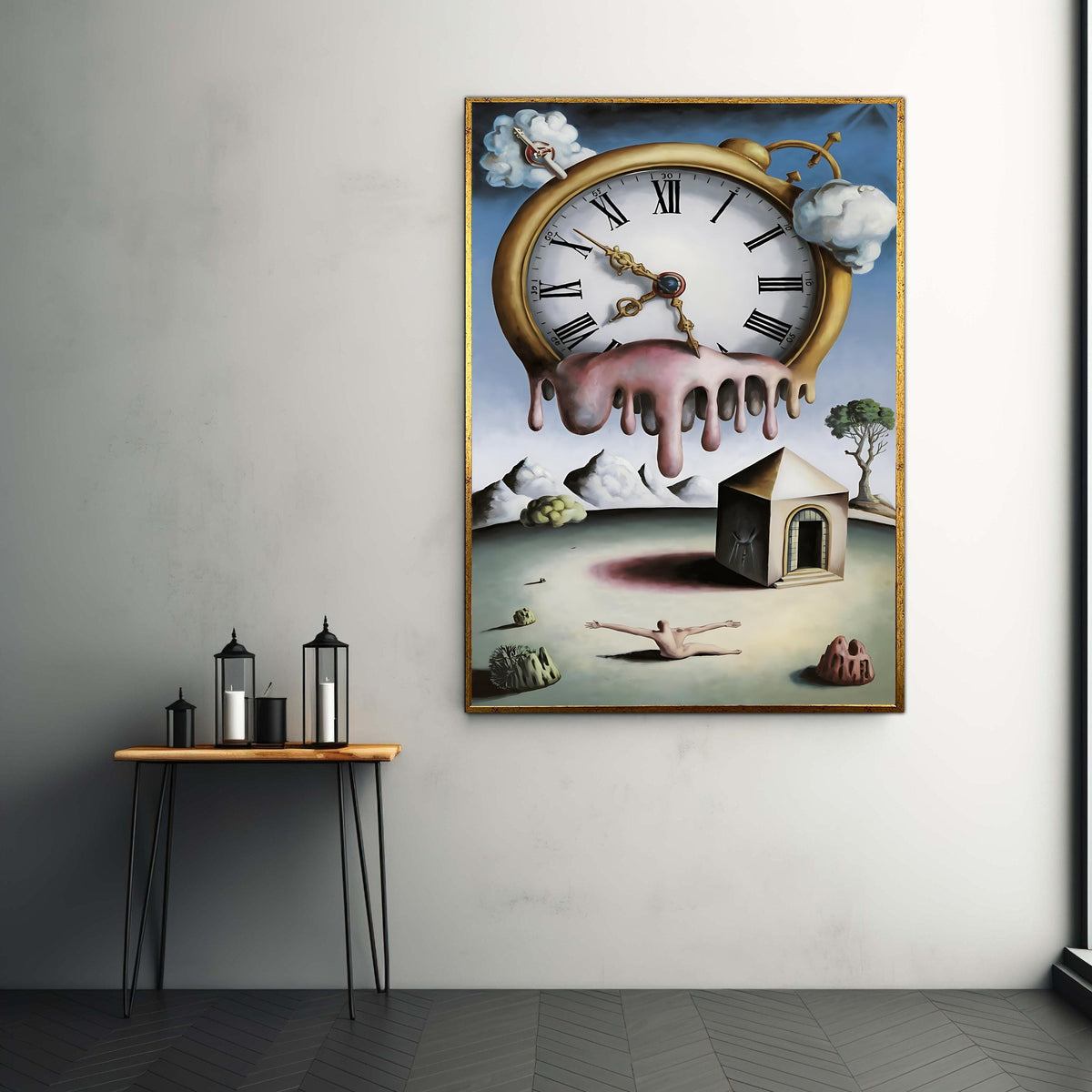 Surreal Melting Clock Canvas Print, Dali Style Dreamlike Art, Fantasy Landscape Symbolic Wall Decor, Time Themed Artwork Gift