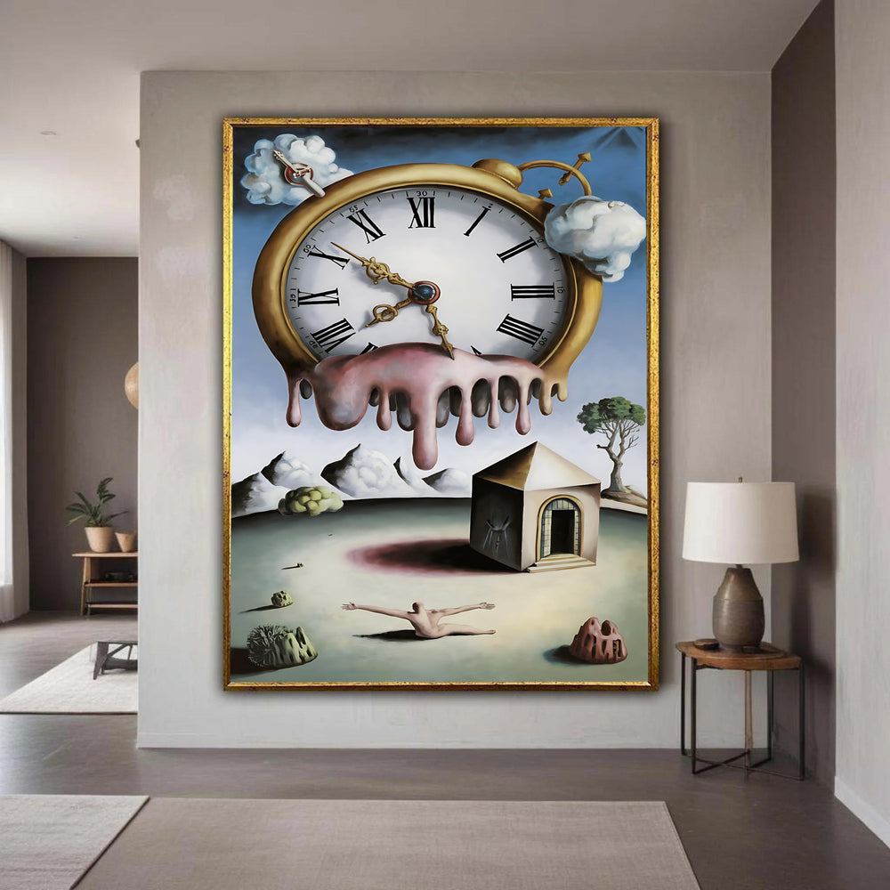 Surreal Melting Clock Canvas Print, Dali Style Dreamlike Art, Fantasy Landscape Symbolic Wall Decor, Time Themed Artwork Gift