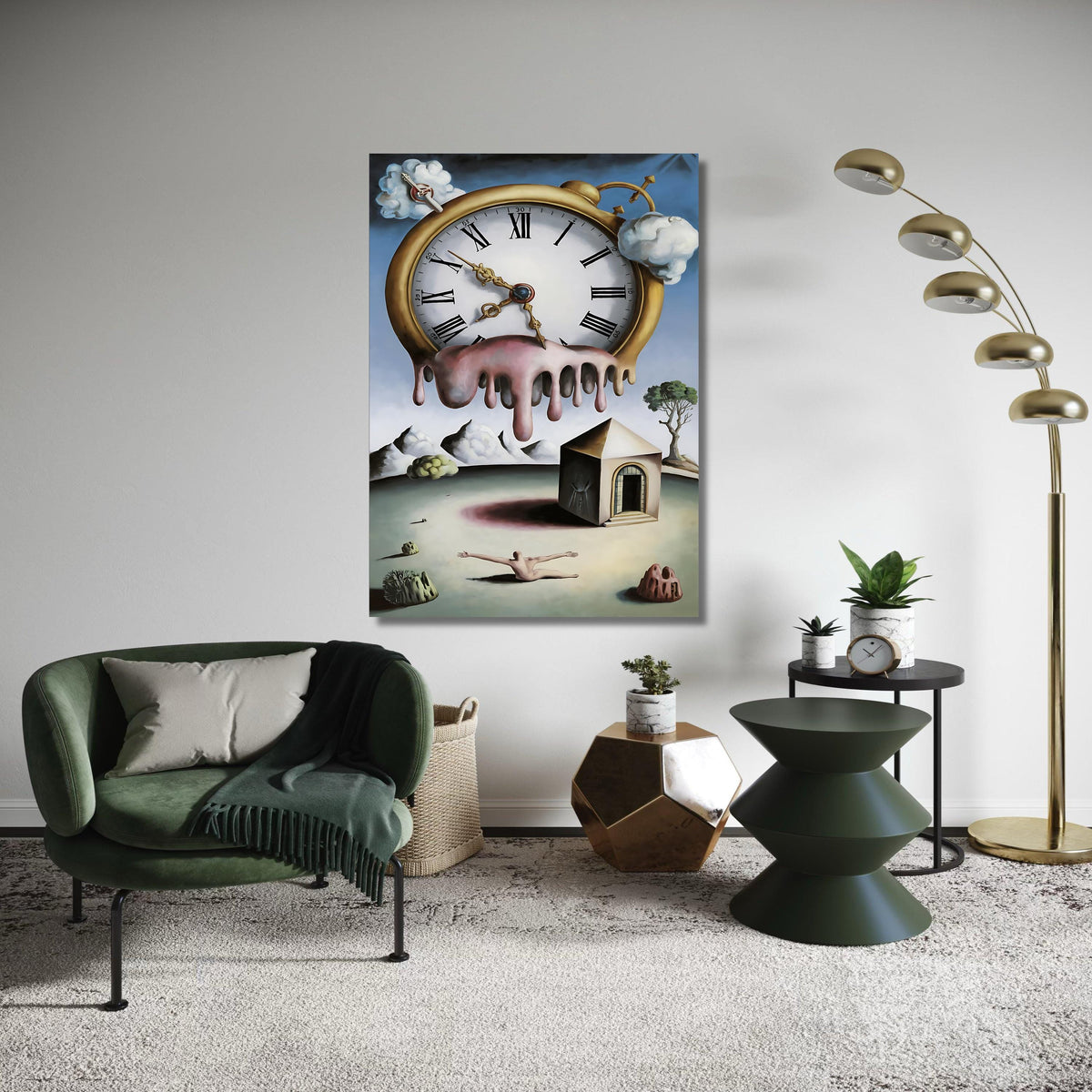 Surreal Melting Clock Canvas Print, Dali Style Dreamlike Art, Fantasy Landscape Symbolic Wall Decor, Time Themed Artwork Gift