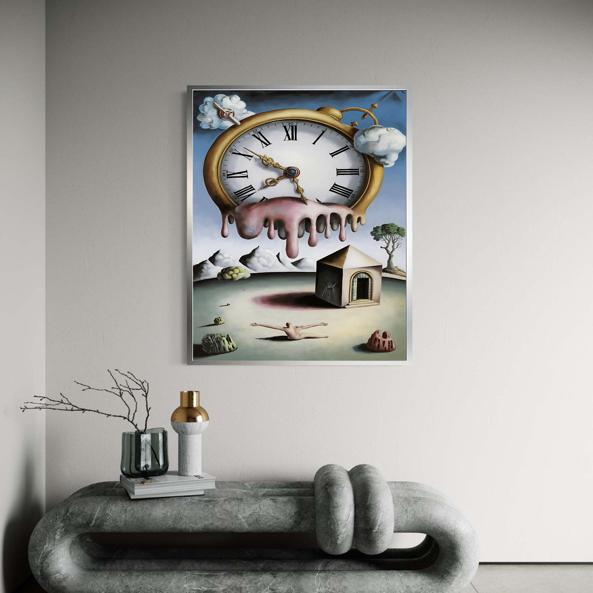 Surreal Melting Clock Canvas Print, Dali Style Dreamlike Art, Fantasy Landscape Symbolic Wall Decor, Time Themed Artwork Gift