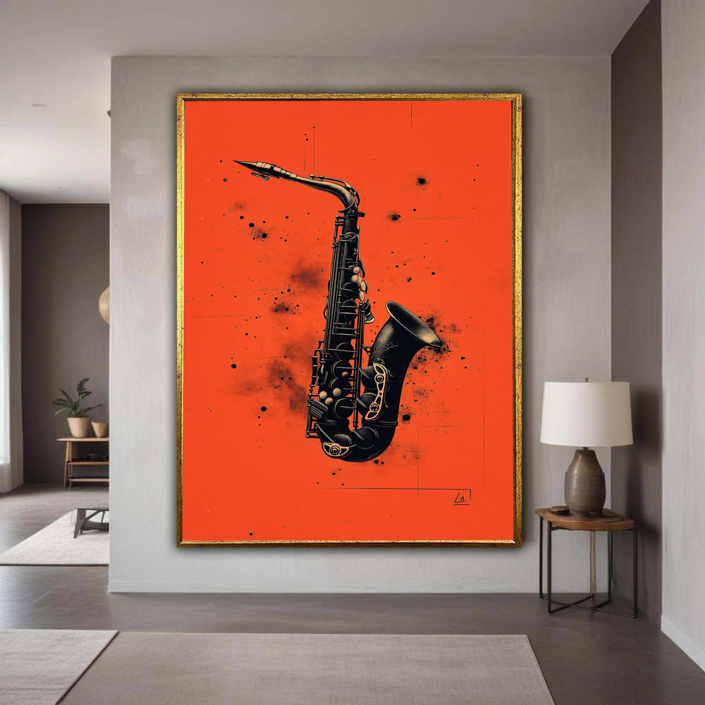 Vintage Saxophone Canvas Wall Art, Musical Instrument Print, Jazz Music Decor, Retro Black and Orange Poster, Home Gift Art, Home Decor