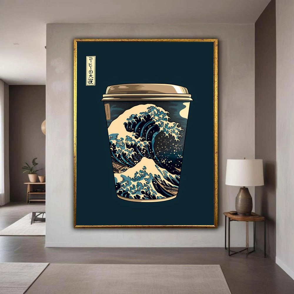 The Great Wave Coffee Cup Canvas, Japanese Art Inspired Wall Art, Modern Kitchen Decor, Wave Design Canvas, Unique Gift Art, Home Decor