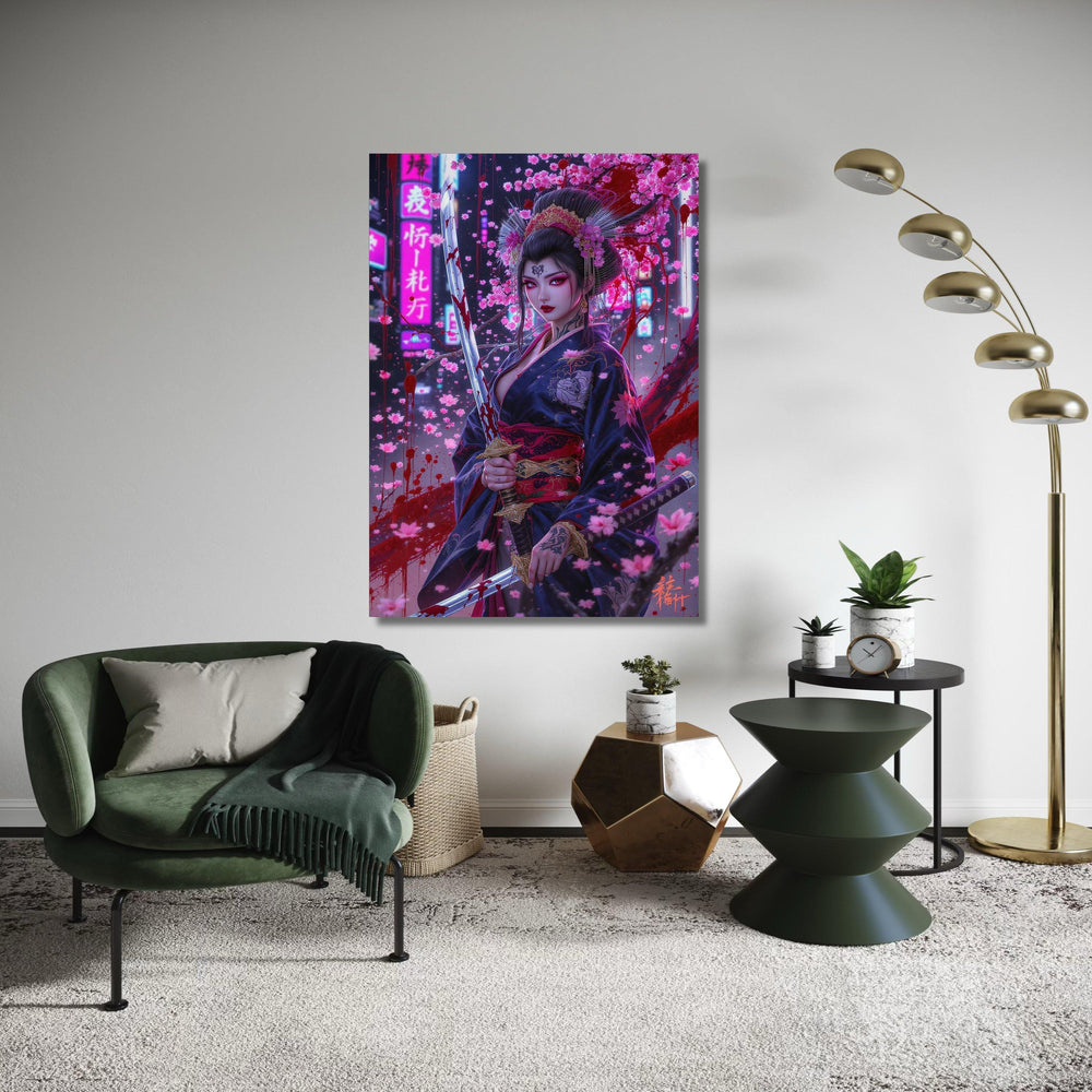 Bloody Samurai Woman Canvas, Cherry Blossom Artwork, Dark Fantasy Wall Art, Geisha Warrior Canvas, Katana Sword Gift Art, Home Decor