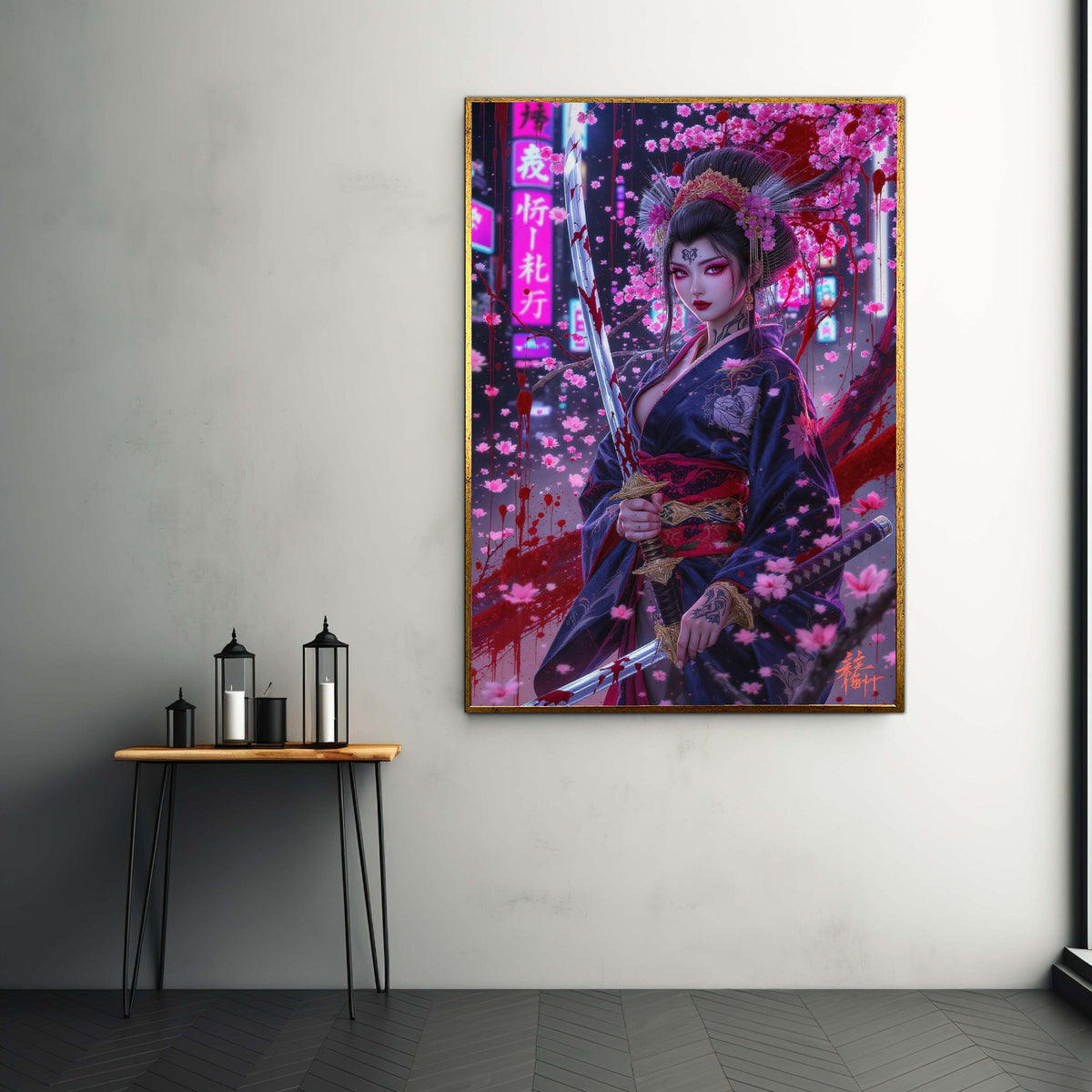 Bloody Samurai Woman Canvas, Cherry Blossom Artwork, Dark Fantasy Wall Art, Geisha Warrior Canvas, Katana Sword Gift Art, Home Decor