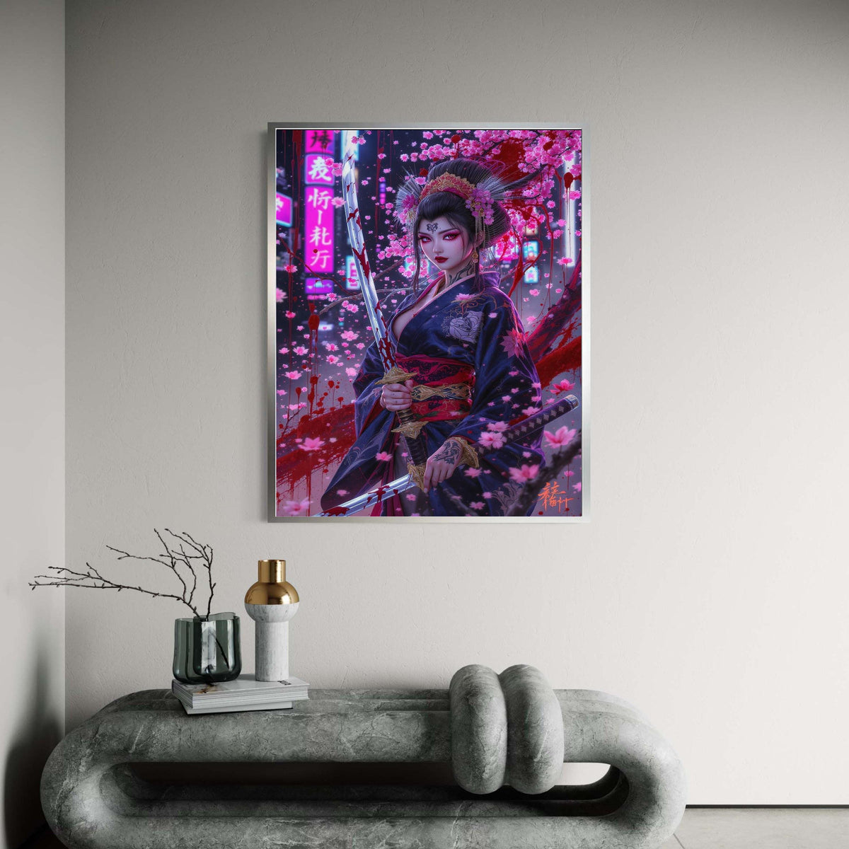 Bloody Samurai Woman Canvas, Cherry Blossom Artwork, Dark Fantasy Wall Art, Geisha Warrior Canvas, Katana Sword Gift Art, Home Decor