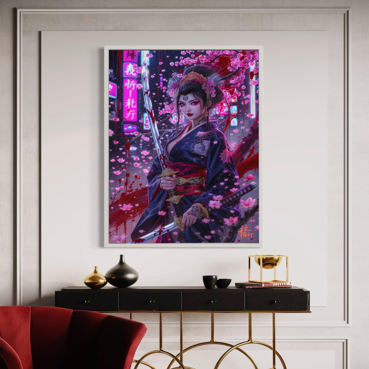 Bloody Samurai Woman Canvas, Cherry Blossom Artwork, Dark Fantasy Wall Art, Geisha Warrior Canvas, Katana Sword Gift Art, Home Decor