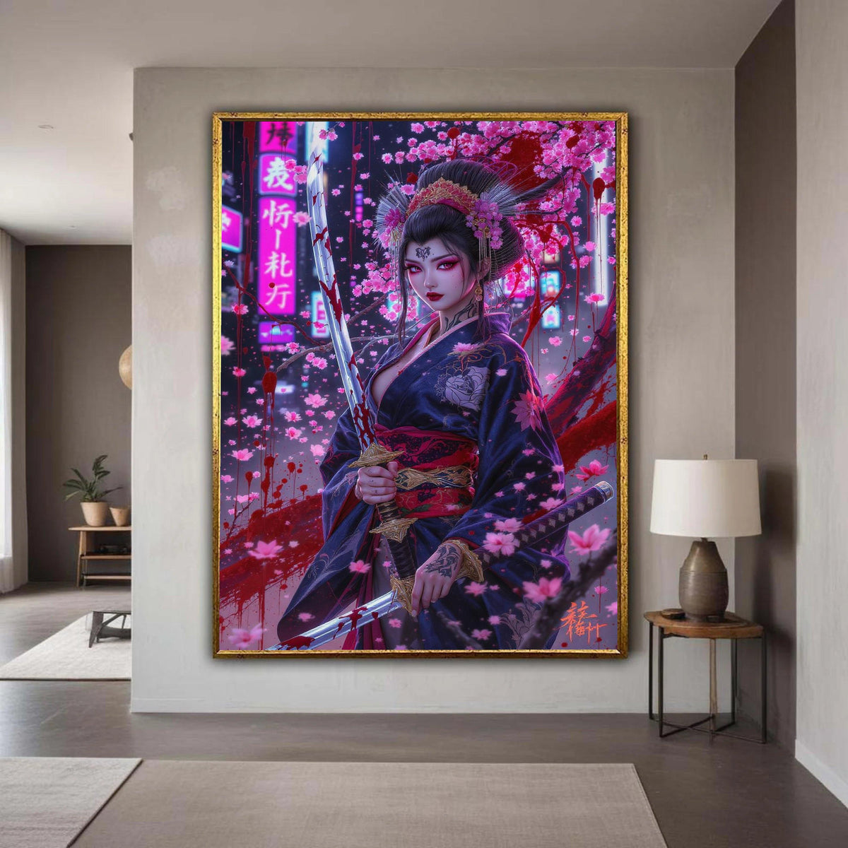 Bloody Samurai Woman Canvas, Cherry Blossom Artwork, Dark Fantasy Wall Art, Geisha Warrior Canvas, Katana Sword Gift Art, Home Decor