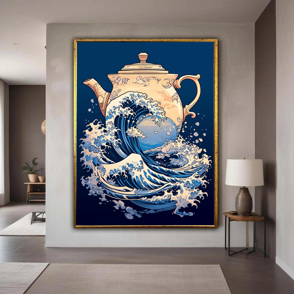Japanese Wave and Teapot Fusion Canvas, Blue Ocean Wave Art, Unique Kitchen Wall Decor, Modern Asian Style Canvas, Gift Art, Home Decor