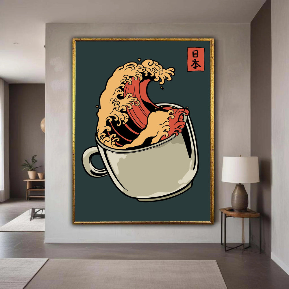 Japanese Wave in Coffee Cup Canvas, Modern Japanese Art Print, Surreal Wall Art, Ocean Wave Illustration, Kitchen Decor Gift Art, Home Decor