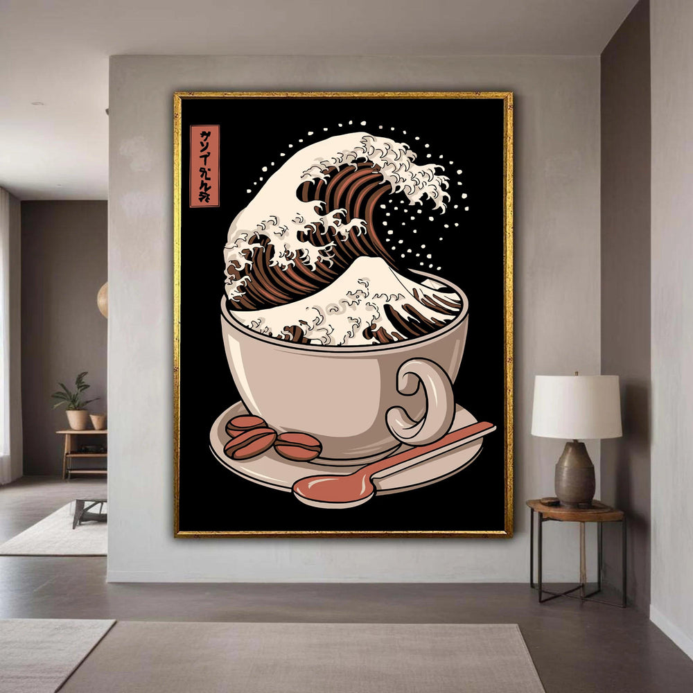Coffee Cup Wave Canvas Wall Art, Japanese Art Coffee Theme, Kitchen Decor Canvas, Modern Pop Art Coffee Illustration, Gift Art, Home Decor