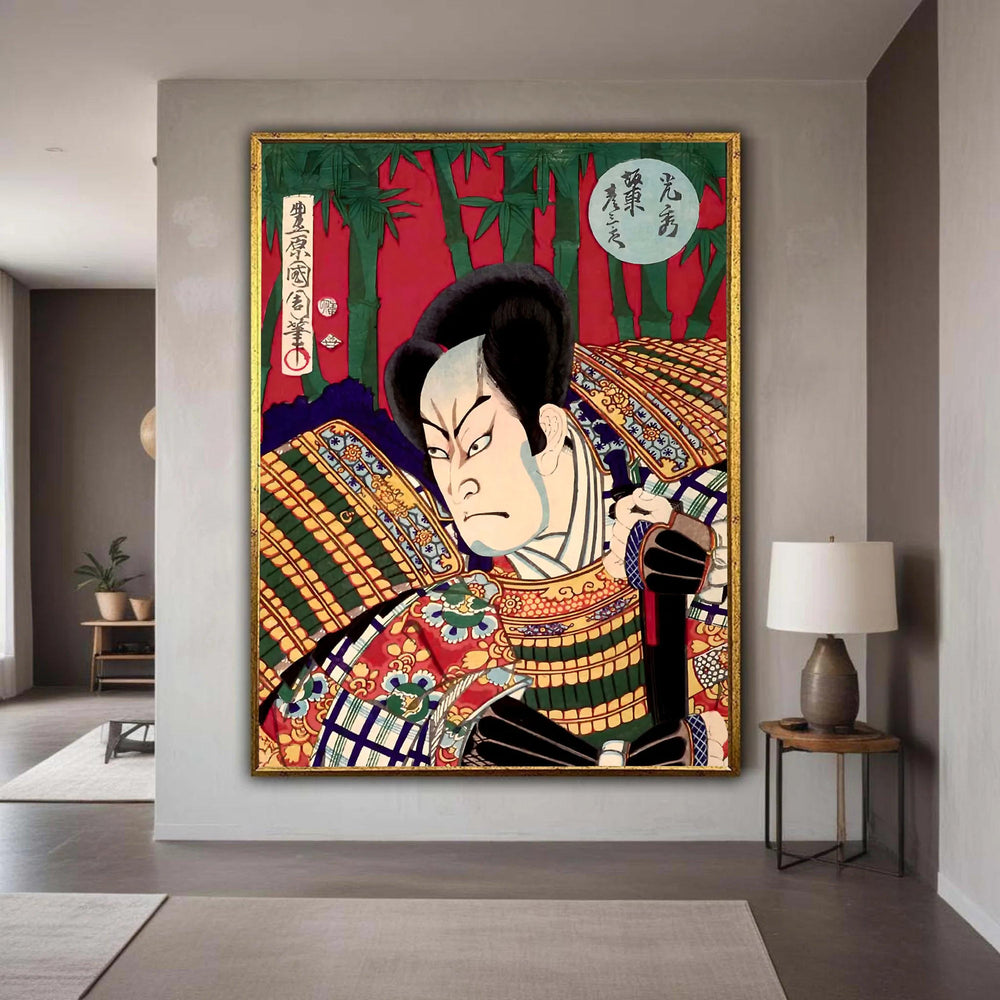 Traditional Japanese Samurai Warrior Canvas, Kabuki Art Print, Asian Historical Wall Art, Bamboo Background Decor, Gift Art, Home Decor