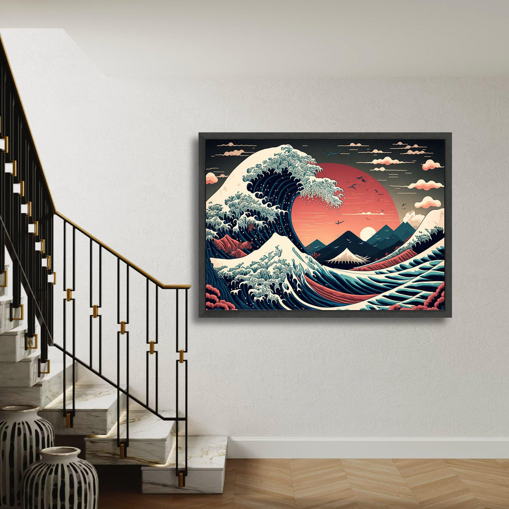 Vibrant Japanese Wave Sunset Canvas, Hokusai Inspired Ocean Art, Mountain Landscape Wall Decor, Abstract Sea Wave Gift Art, Home Decor