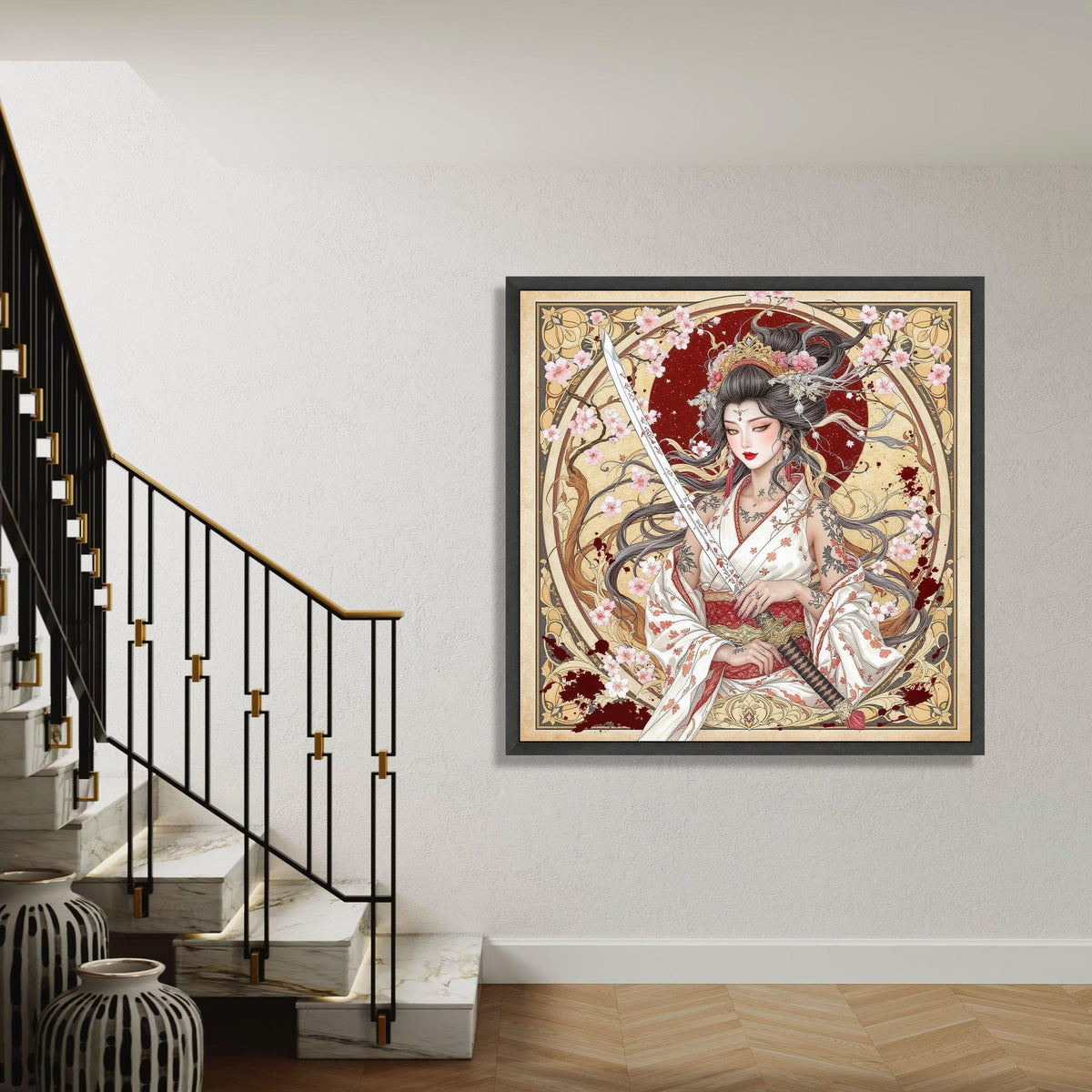 Elegant Geisha Warrior Canvas, Sakura Blossoms Art, Japanese Sword Wall Art, Floral Tattoo Design, Asian Culture Gift Art, Home Decor