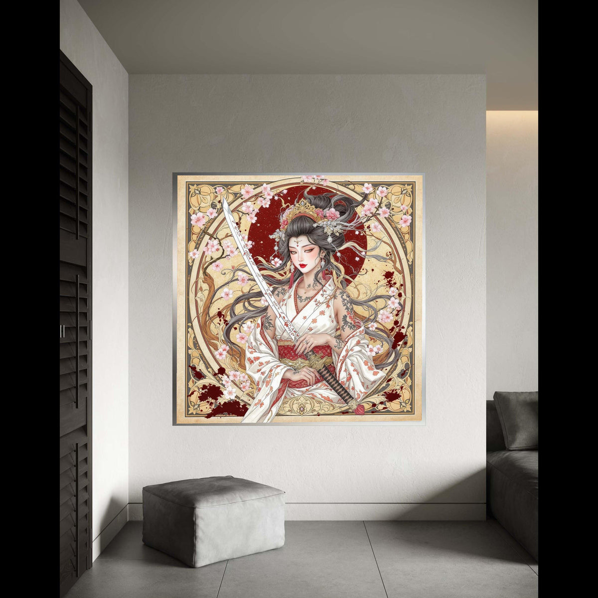 Elegant Geisha Warrior Canvas, Sakura Blossoms Art, Japanese Sword Wall Art, Floral Tattoo Design, Asian Culture Gift Art, Home Decor