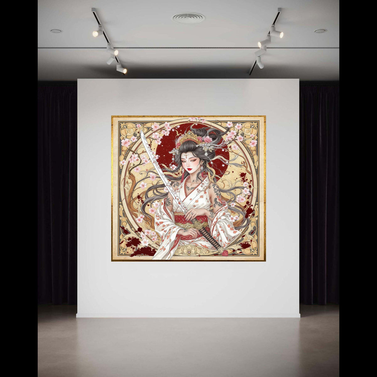 Elegant Geisha Warrior Canvas, Sakura Blossoms Art, Japanese Sword Wall Art, Floral Tattoo Design, Asian Culture Gift Art, Home Decor