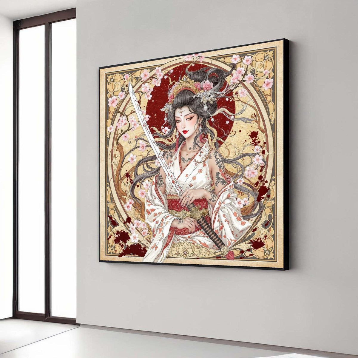 Elegant Geisha Warrior Canvas, Sakura Blossoms Art, Japanese Sword Wall Art, Floral Tattoo Design, Asian Culture Gift Art, Home Decor