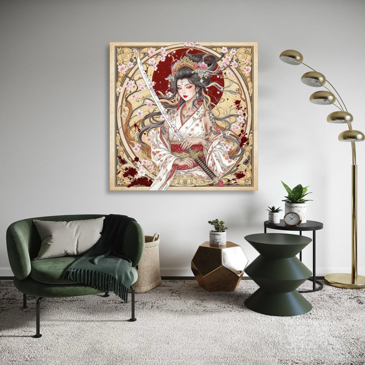 Elegant Geisha Warrior Canvas, Sakura Blossoms Art, Japanese Sword Wall Art, Floral Tattoo Design, Asian Culture Gift Art, Home Decor