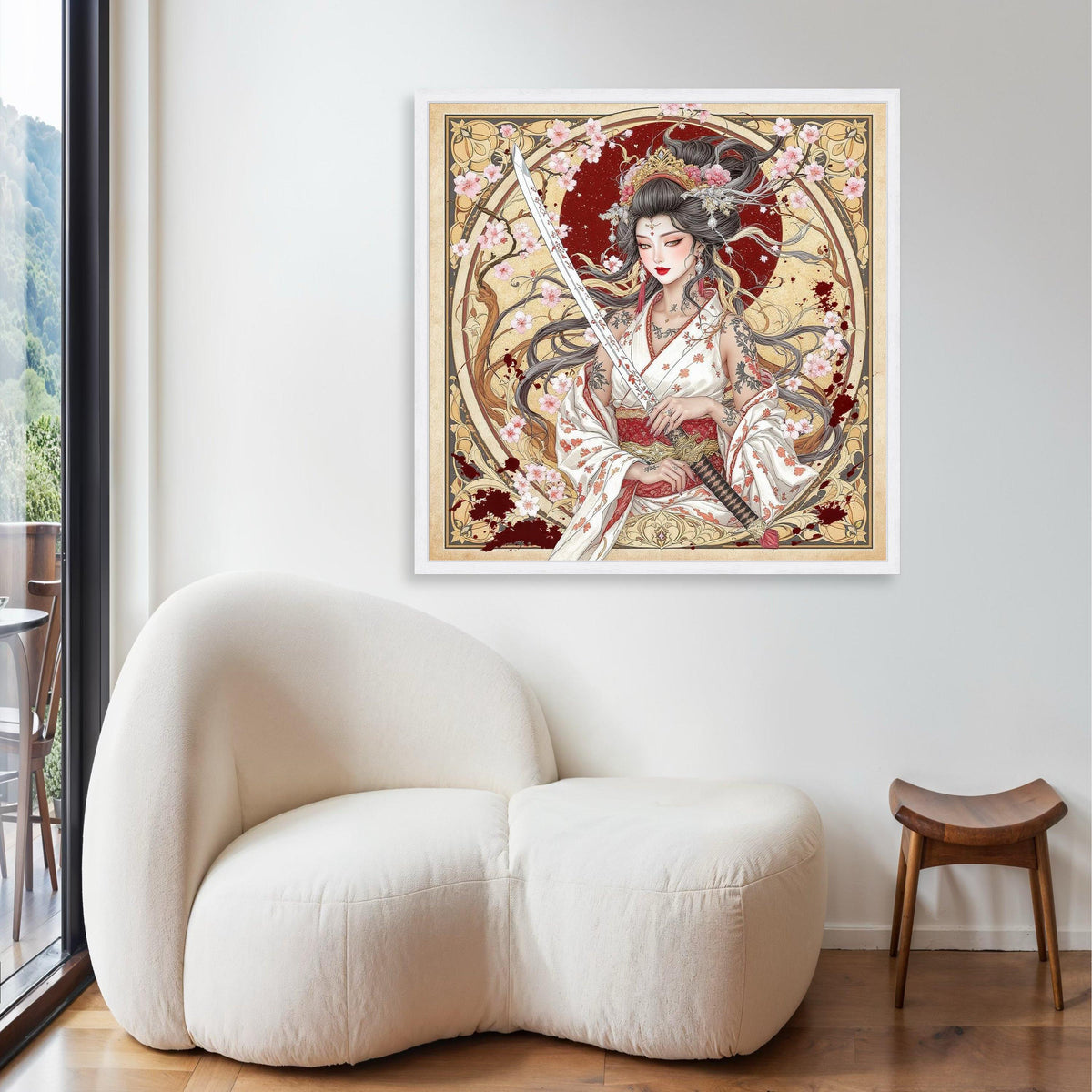 Elegant Geisha Warrior Canvas, Sakura Blossoms Art, Japanese Sword Wall Art, Floral Tattoo Design, Asian Culture Gift Art, Home Decor
