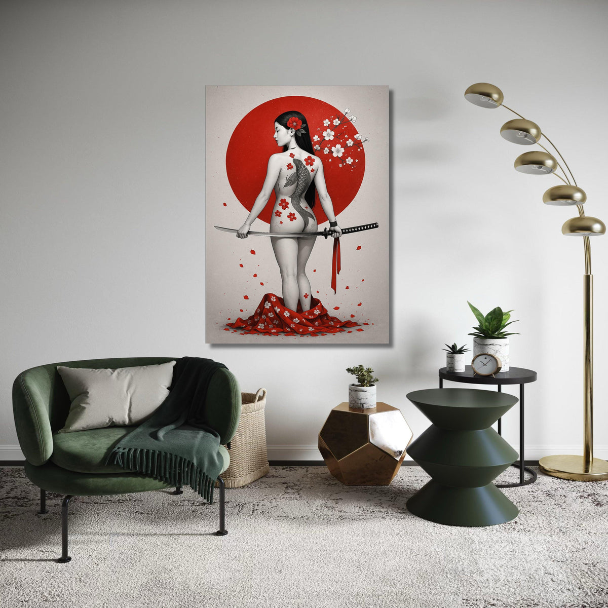 Japanese Warrior Woman Canvas Wall Art, Koi Fish Tattoo Design, Sakura Blossom Art, Samurai Sword Illustration, Asian Gift Art, Home Decor