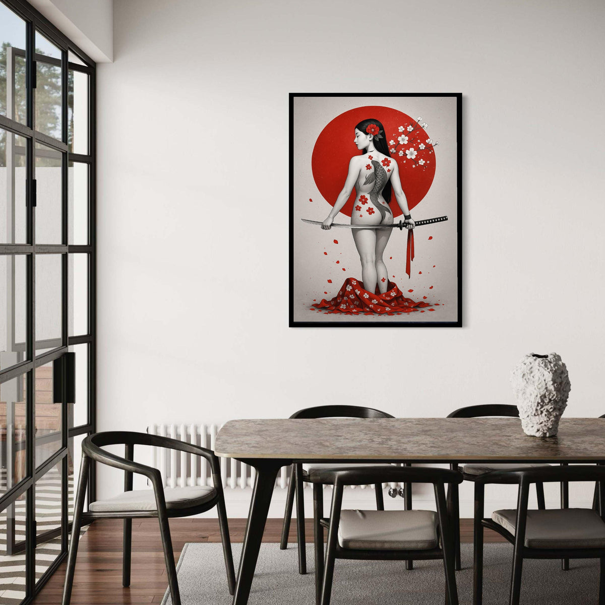 Japanese Warrior Woman Canvas Wall Art, Koi Fish Tattoo Design, Sakura Blossom Art, Samurai Sword Illustration, Asian Gift Art, Home Decor