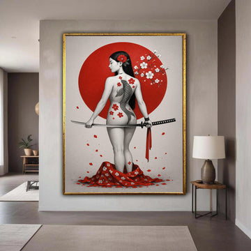 Japanese Warrior Woman Canvas Wall Art, Koi Fish Tattoo Design, Sakura Blossom Art, Samurai Sword Illustration, Asian Gift Art, Home Decor