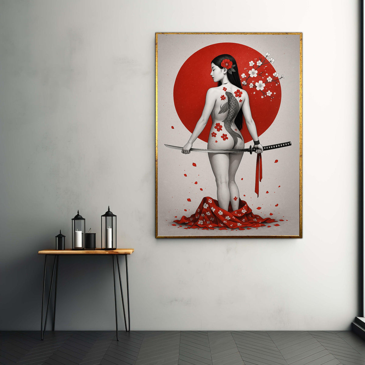 Japanese Warrior Woman Canvas Wall Art, Koi Fish Tattoo Design, Sakura Blossom Art, Samurai Sword Illustration, Asian Gift Art, Home Decor