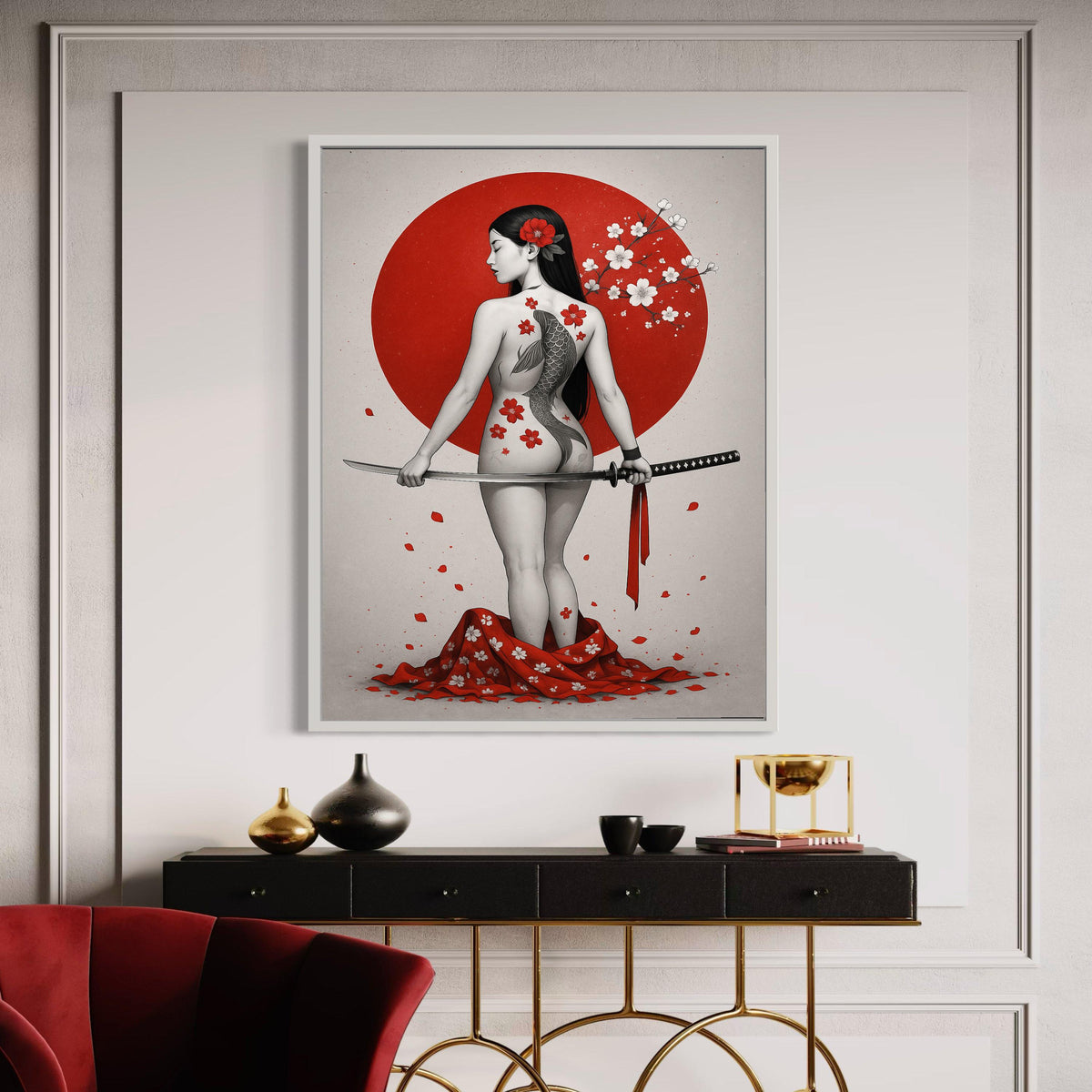 Japanese Warrior Woman Canvas Wall Art, Koi Fish Tattoo Design, Sakura Blossom Art, Samurai Sword Illustration, Asian Gift Art, Home Decor