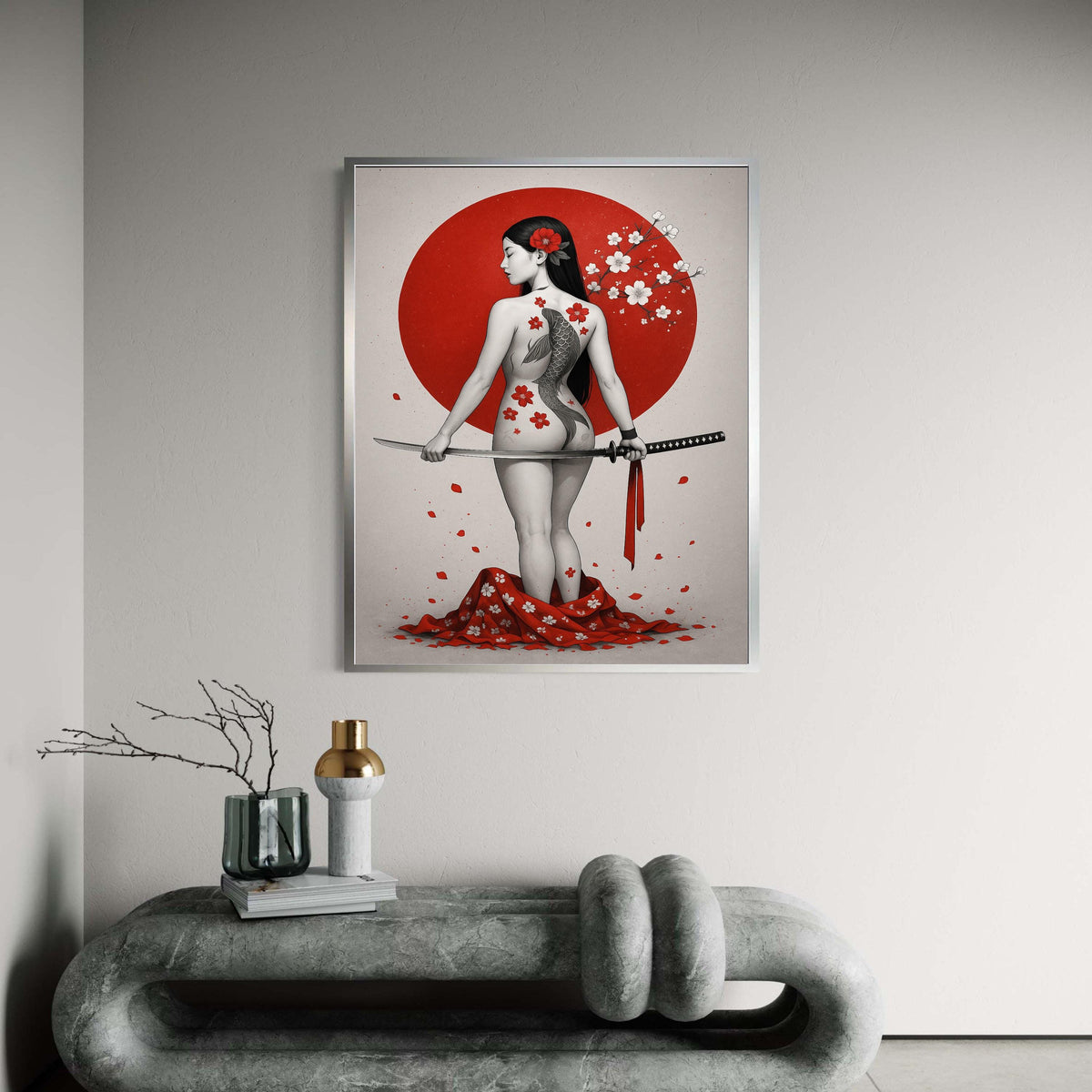 Japanese Warrior Woman Canvas Wall Art, Koi Fish Tattoo Design, Sakura Blossom Art, Samurai Sword Illustration, Asian Gift Art, Home Decor