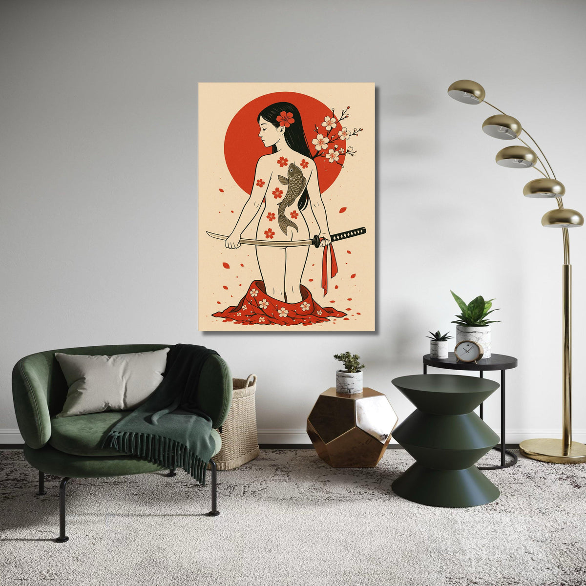 Japanese Warrior Woman Canvas, Koi Fish Tattoo Art, Cherry Blossom Wall Decor, Samurai Sword Canvas, Asian Inspired Gift Art, Home Decor