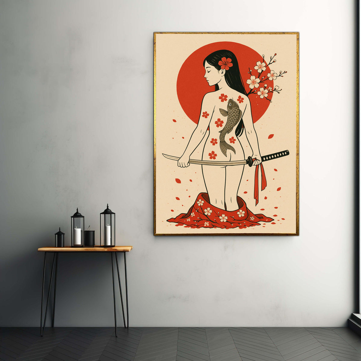 Japanese Warrior Woman Canvas, Koi Fish Tattoo Art, Cherry Blossom Wall Decor, Samurai Sword Canvas, Asian Inspired Gift Art, Home Decor