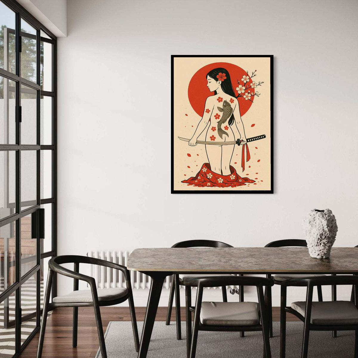 Japanese Warrior Woman Canvas, Koi Fish Tattoo Art, Cherry Blossom Wall Decor, Samurai Sword Canvas, Asian Inspired Gift Art, Home Decor