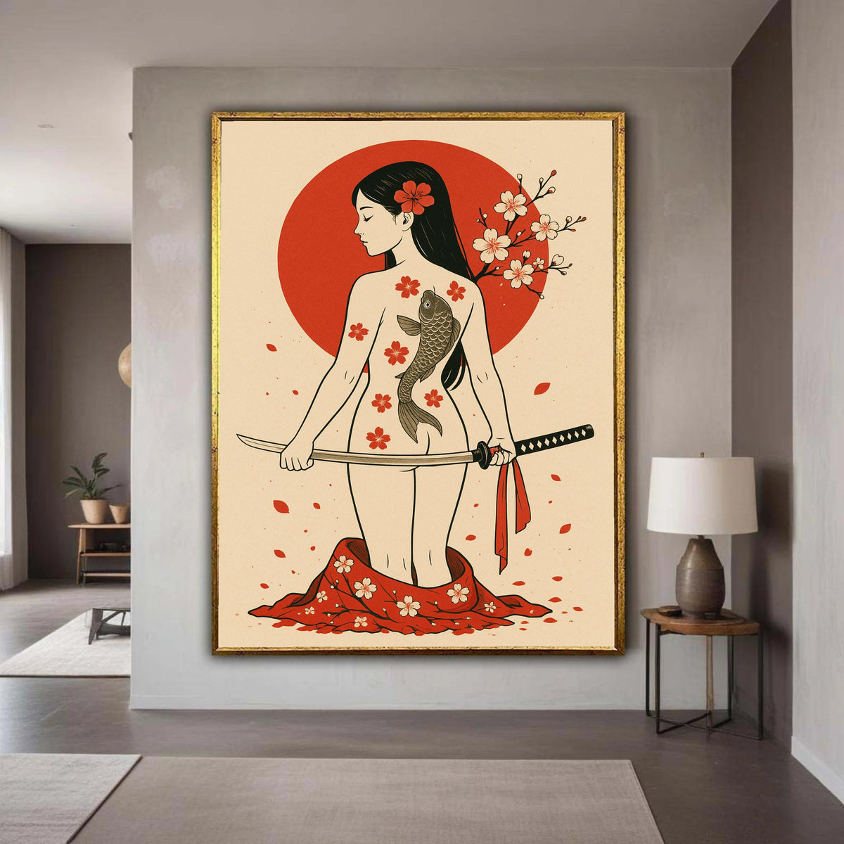 Japanese Warrior Woman Canvas, Koi Fish Tattoo Art, Cherry Blossom Wall Decor, Samurai Sword Canvas, Asian Inspired Gift Art, Home Decor