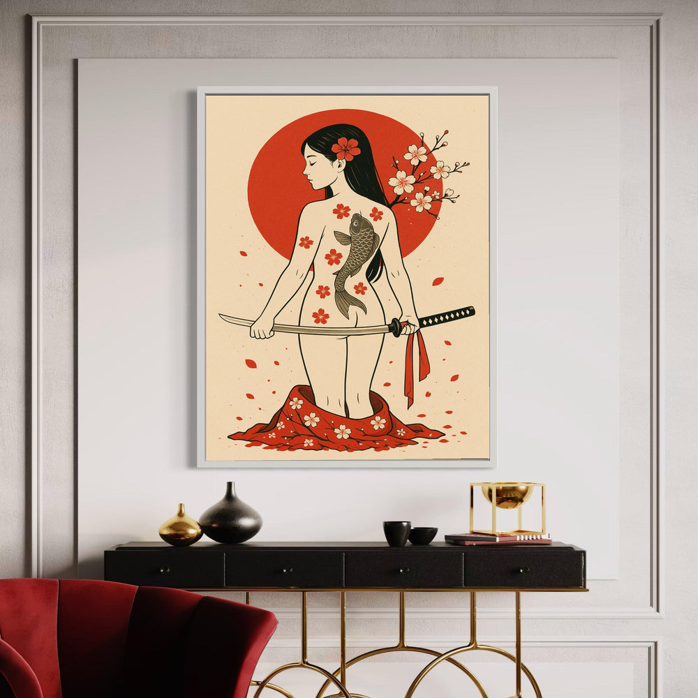 Japanese Warrior Woman Canvas, Koi Fish Tattoo Art, Cherry Blossom Wall Decor, Samurai Sword Canvas, Asian Inspired Gift Art, Home Decor