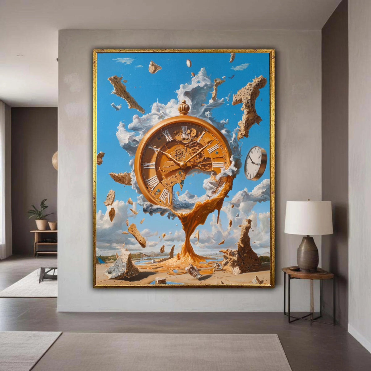 Surreal Melting Clock Canvas, Abstract Time Art, Steampunk Wall Decor, Fantasy Landscape Painting, Modern Home Gift Art, Home Decor
