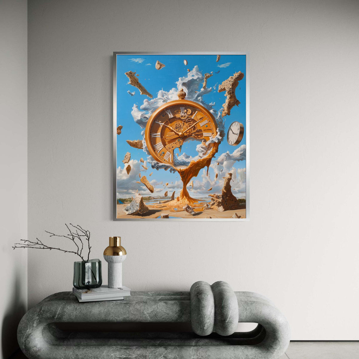 Surreal Melting Clock Canvas, Abstract Time Art, Steampunk Wall Decor, Fantasy Landscape Painting, Modern Home Gift Art, Home Decor
