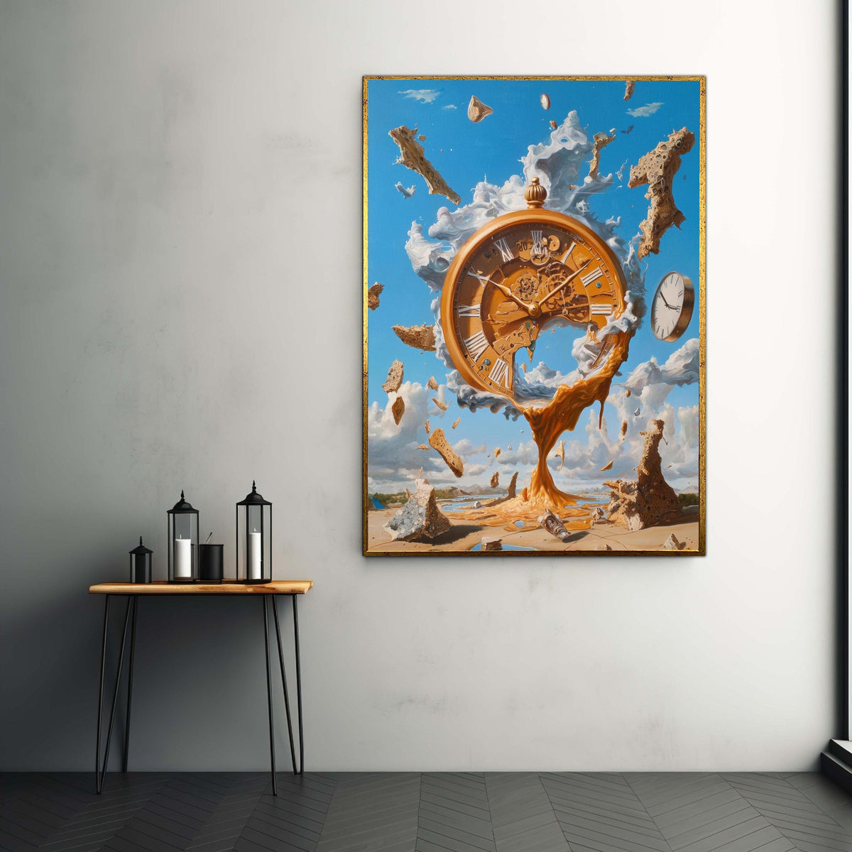 Surreal Melting Clock Canvas, Abstract Time Art, Steampunk Wall Decor, Fantasy Landscape Painting, Modern Home Gift Art, Home Decor
