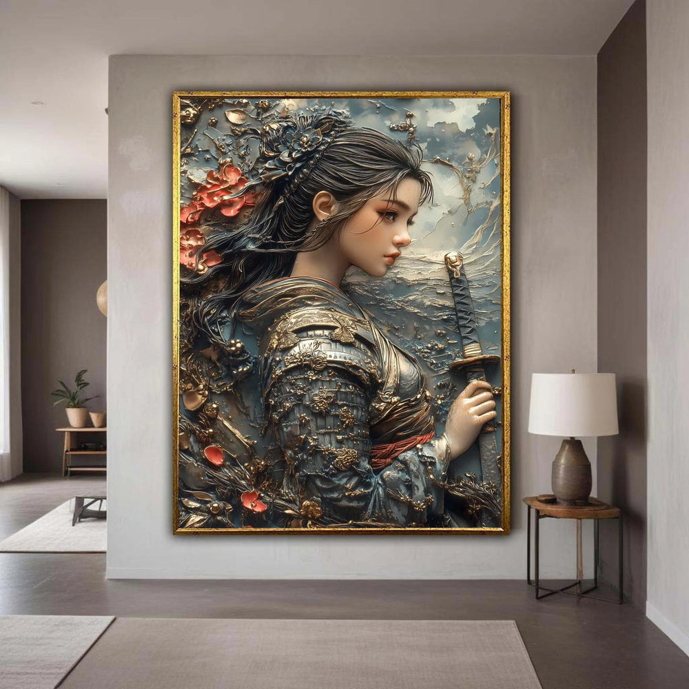 Elegant Female Samurai Warrior Canvas, Japanese Armor Wall Art, Floral Samurai Sword Decoration, Historical Asian Gift Art, Home Decor