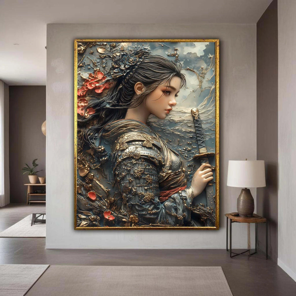Elegant Female Samurai Warrior Canvas, Japanese Armor Wall Art, Floral Samurai Sword Decoration, Historical Asian Gift Art, Home Decor
