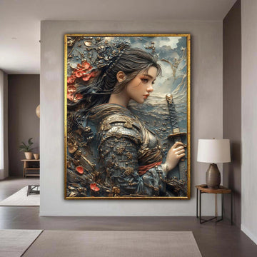 Elegant Female Samurai Warrior Canvas, Japanese Armor Wall Art, Floral Samurai Sword Decoration, Historical Asian Gift Art, Home Decor