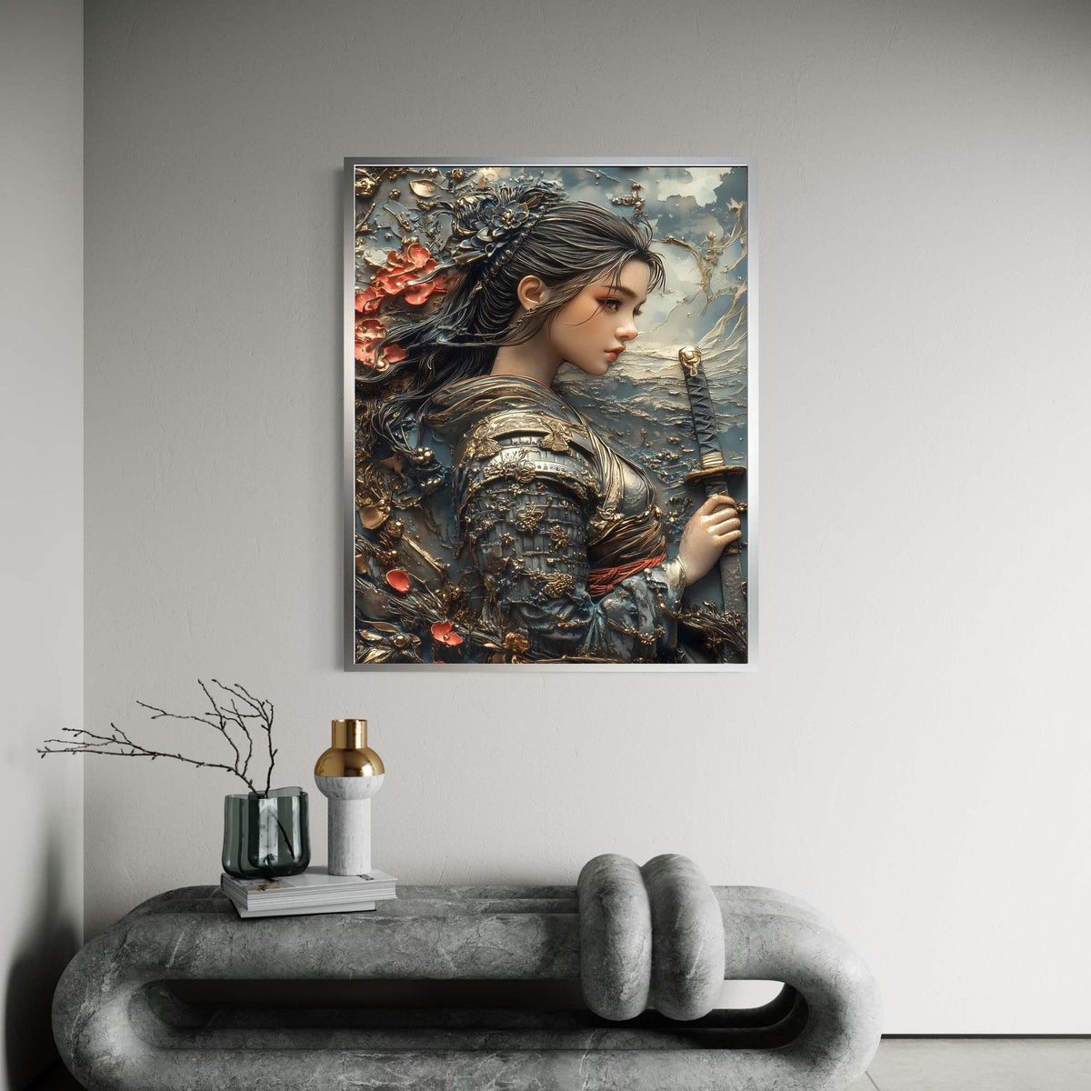 Elegant Female Samurai Warrior Canvas, Japanese Armor Wall Art, Floral Samurai Sword Decoration, Historical Asian Gift Art, Home Decor