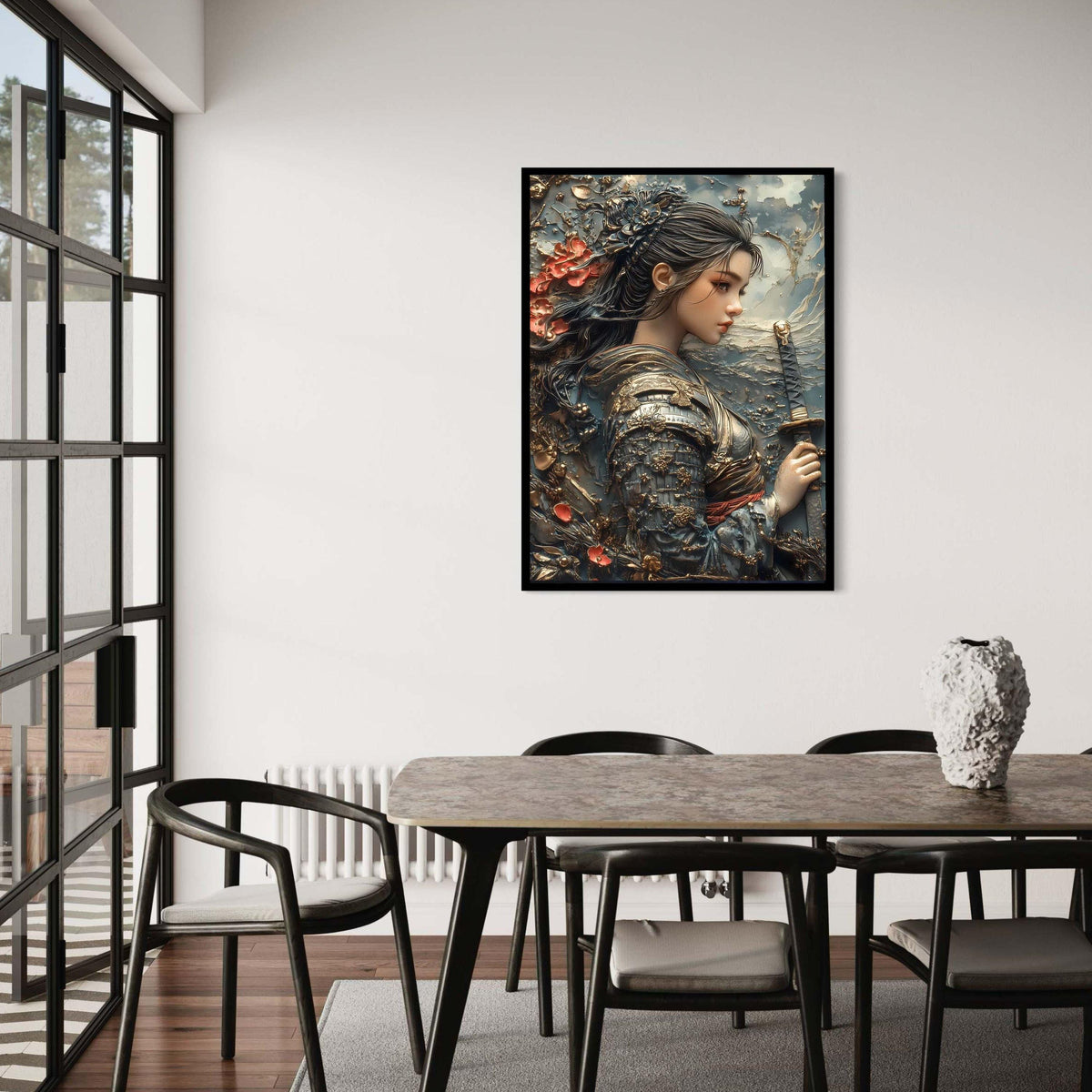 Elegant Female Samurai Warrior Canvas, Japanese Armor Wall Art, Floral Samurai Sword Decoration, Historical Asian Gift Art, Home Decor