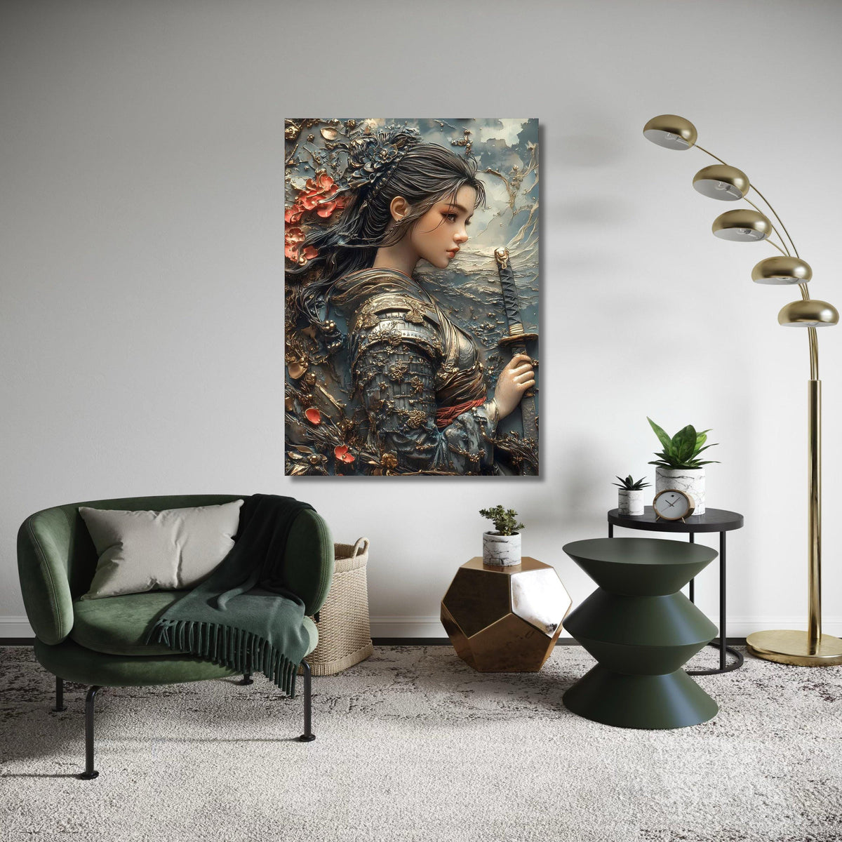 Elegant Female Samurai Warrior Canvas, Japanese Armor Wall Art, Floral Samurai Sword Decoration, Historical Asian Gift Art, Home Decor