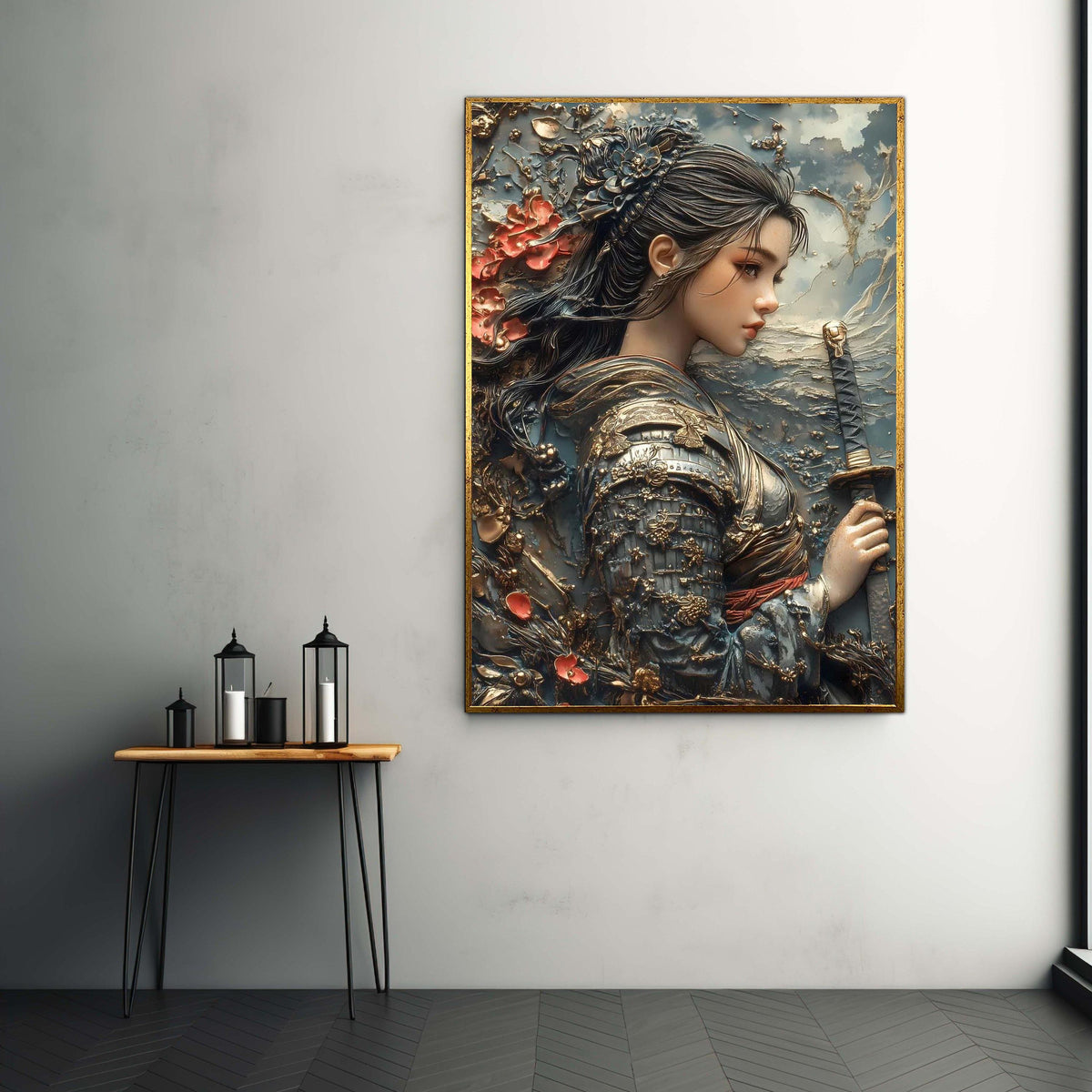 Elegant Female Samurai Warrior Canvas, Japanese Armor Wall Art, Floral Samurai Sword Decoration, Historical Asian Gift Art, Home Decor