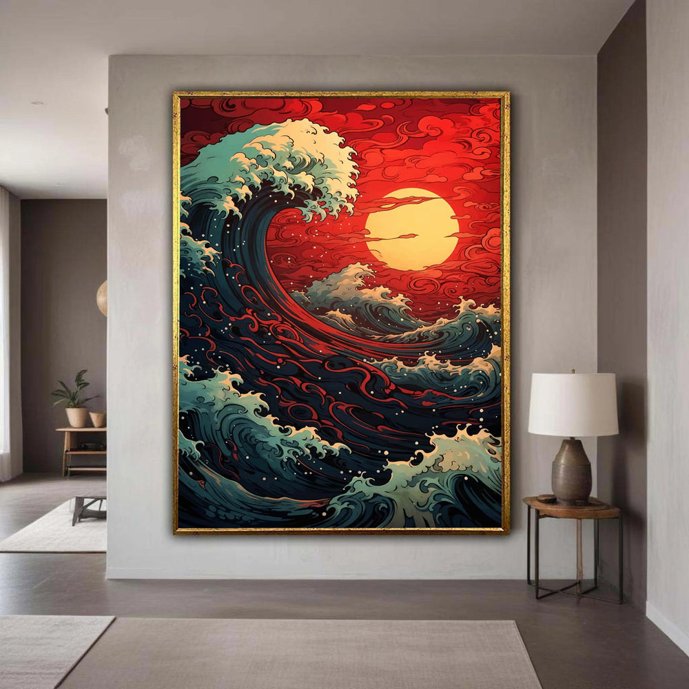Dramatic Ocean Wave Canvas, Japanese Style Sea Art, Red Sunset Wall Decor, Abstract Nature Canvas, Coastal Room Gift Art, Home Decor