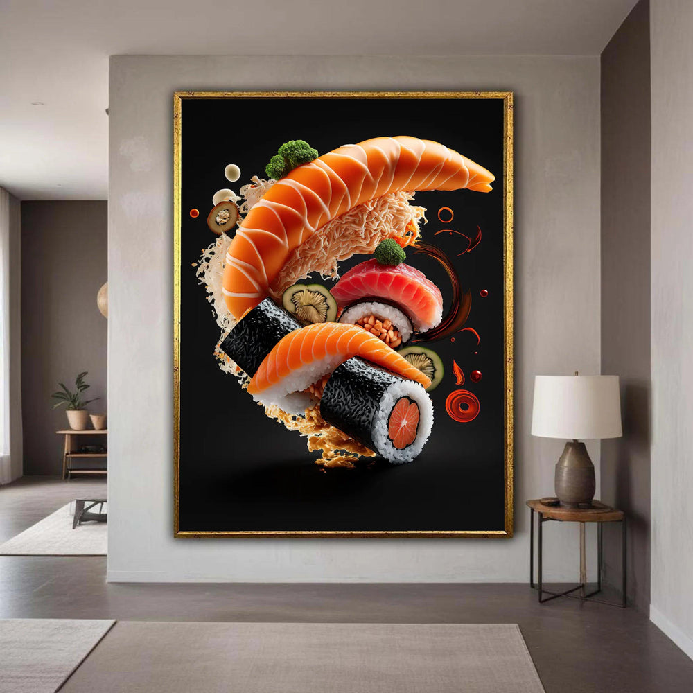 Modern Sushi Art Canvas, Salmon Nigiri and Maki Roll Wall Decor, Japanese Food Canvas, Kitchen Dining Room Decoration, Gift Art, Home Decor