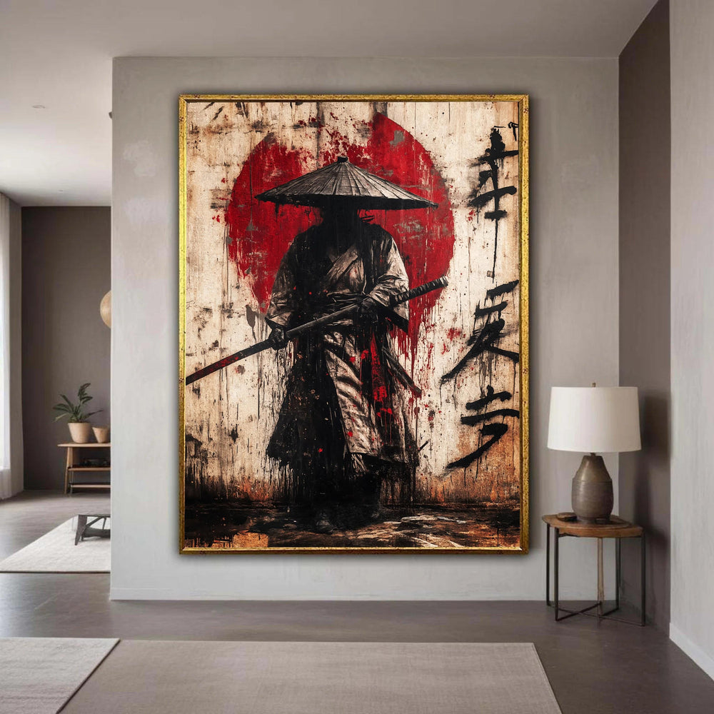Samurai Warrior Canvas Wall Art, Japanese Katana Sword Painting, Traditional Asian Art Decor, Red Sun Background, Gift Art, Home Decor