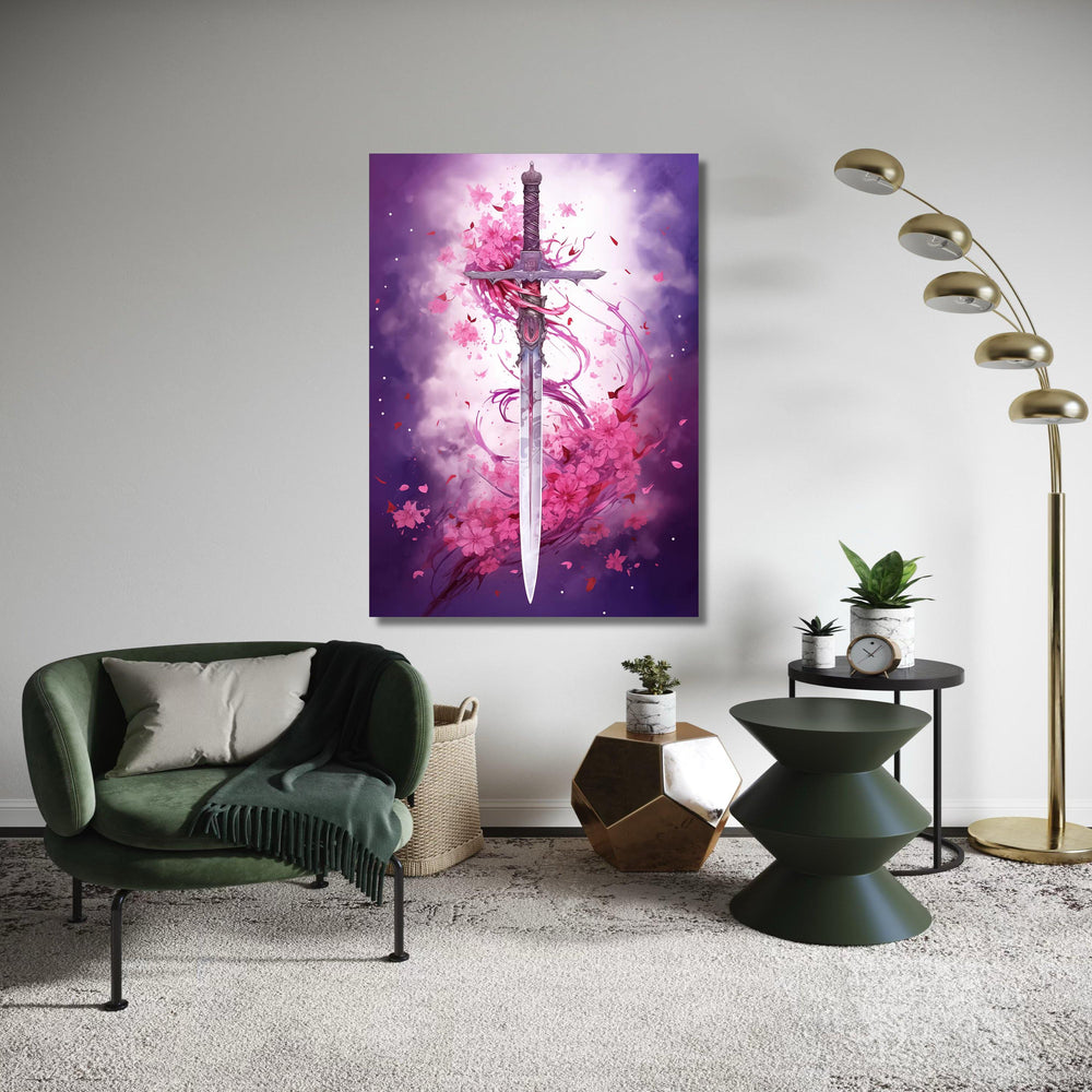 Elegant Sword with Cherry Blossom, Fantasy Weapon Canvas, Floral Sword Wall Art, Artistic Battle Scene, Mystical Canvas Gift Art, Home Decor
