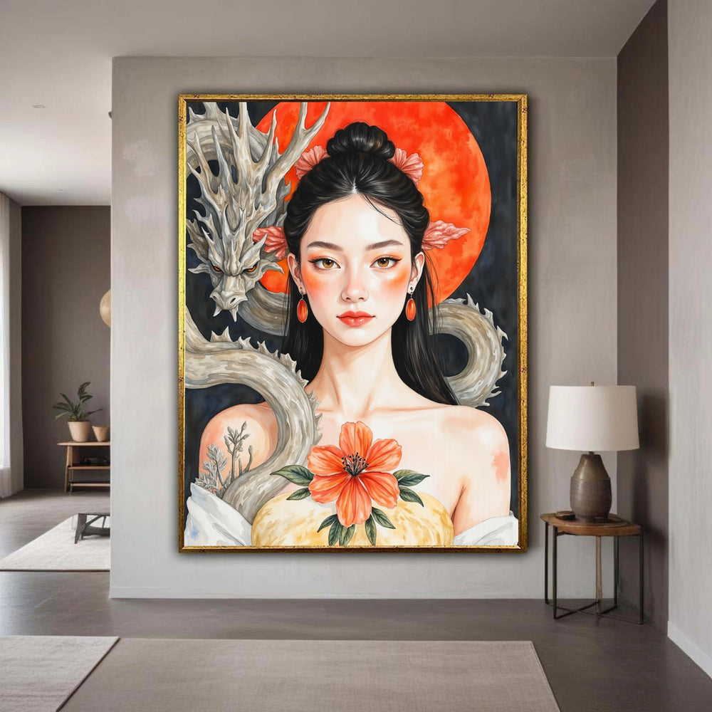 Mystical Asian Woman with Dragon and Red Moon Canvas, Fantasy Portrait Wall Art, Floral and Mythical Creature Gift Art, Home Decor